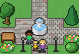 A roundabout round a small fountain, a path on each of its four sides, two lamps, a bench and flowers, and visitors walking round it.