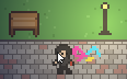 At night, under a lamp, a vandal sprays the path, and the pointer comes over him.